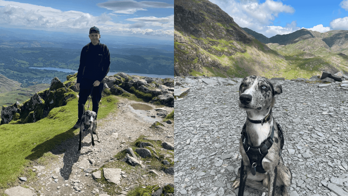 Split image: 1) A shot of a man and his dog at the summit of The Old Man of Coniston on a dog friendly walk in the Lake District
