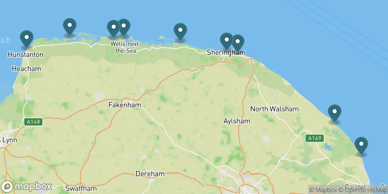 Map preview showing dog friendly beaches in Norfolk