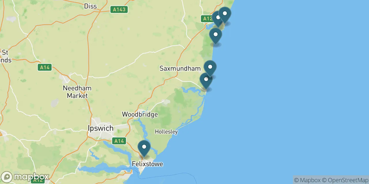 Map preview showing dog friendly beaches in Suffolk