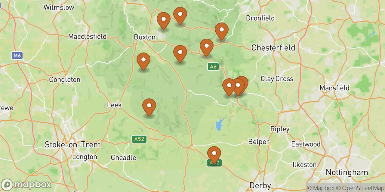 Map preview showing dog friendly stays in Derbyshire