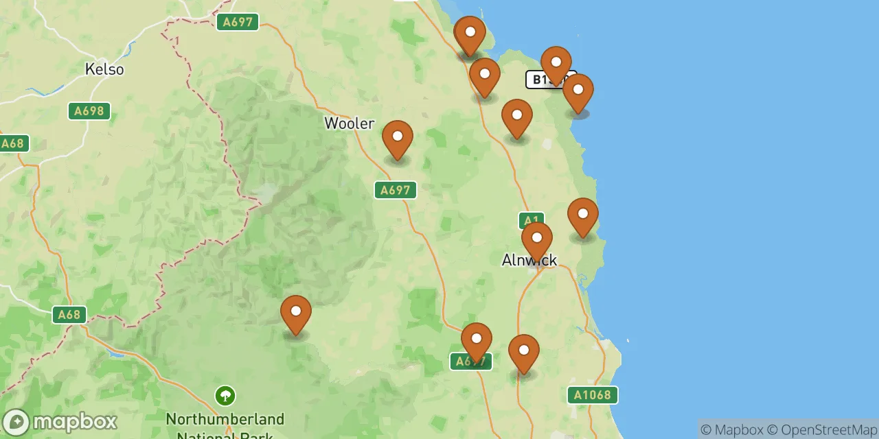 Map preview showing dog friendly stays in Northumberland