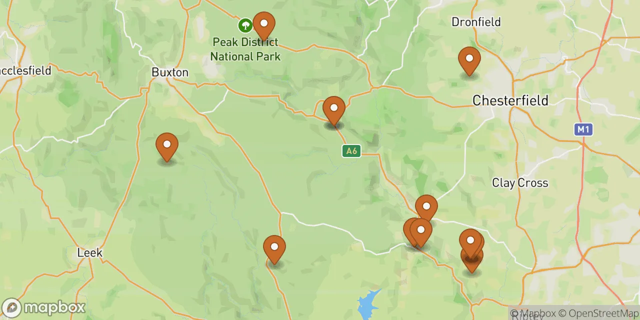 Map preview showing dog friendly stays in Derbyshire