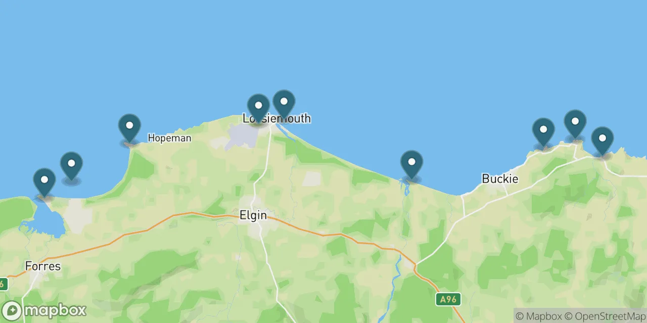 Map preview showing dog friendly beaches in Moray