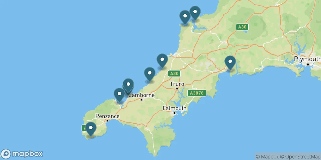 Map preview showing dog friendly beaches in Cornwall