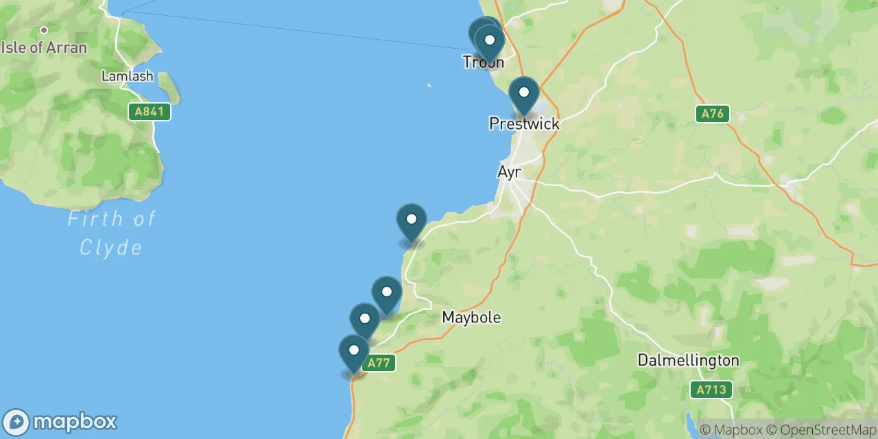 Map preview showing dog friendly beaches in South Ayrshire