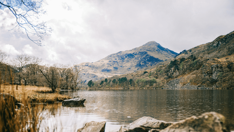 Mount Snowdon viewed from a serene lake at the foot of the mountain