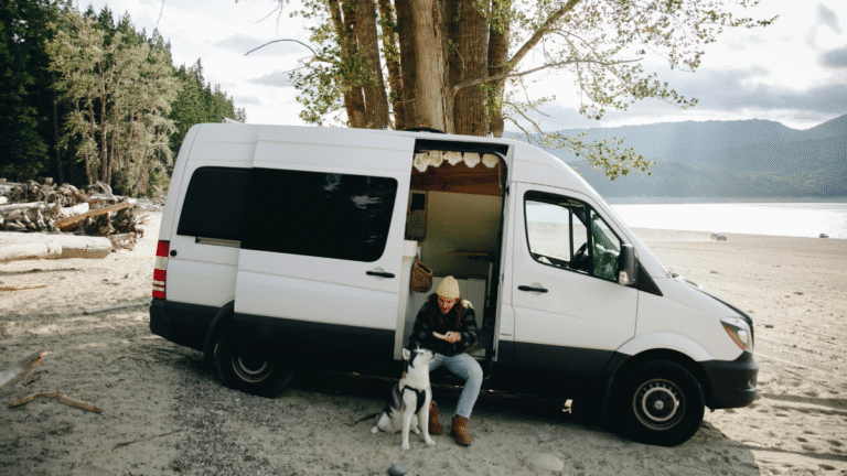 Man and his dog relax outside their camper van on the north coast 500