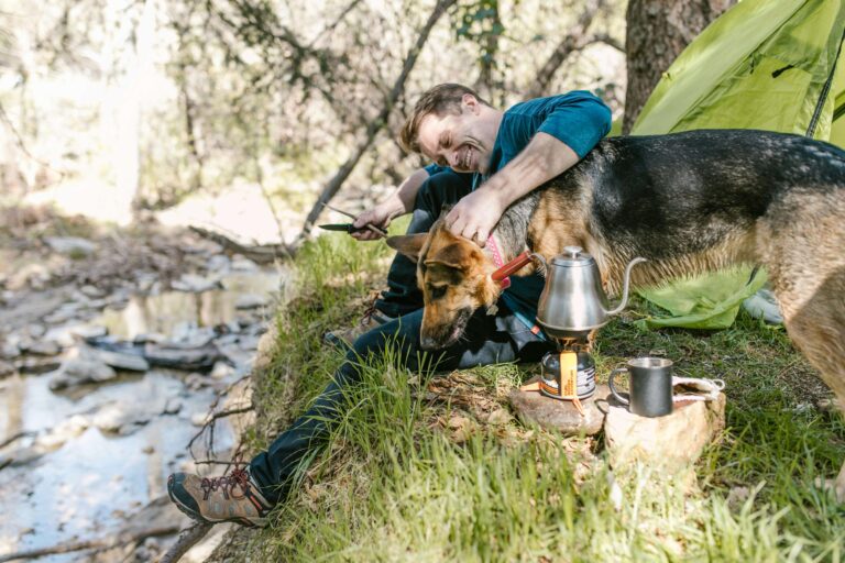 A man smiles whilst stroking his dog at their campsite in Snowdonia National Park