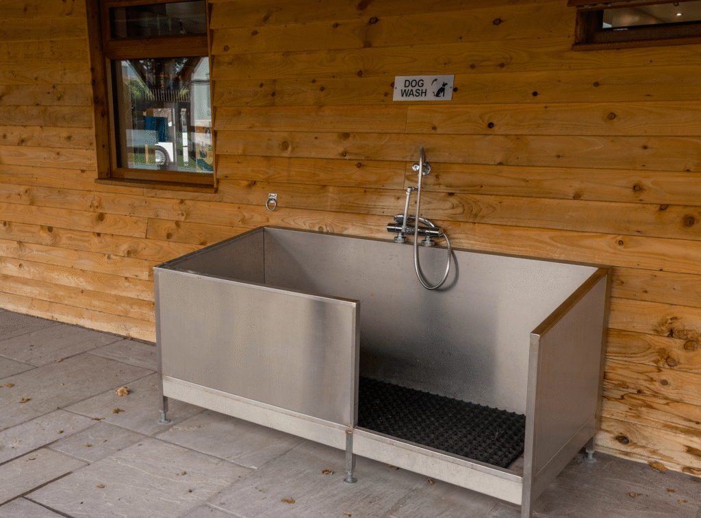 A dog wash station at the dog friendly campsite, Orcaber Farm in the Yorkshire Dales