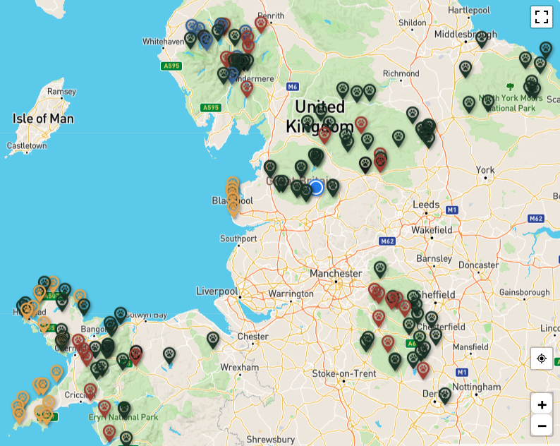 A map with lots of pins showing dog friendly walks, beaches and campsites across the UK