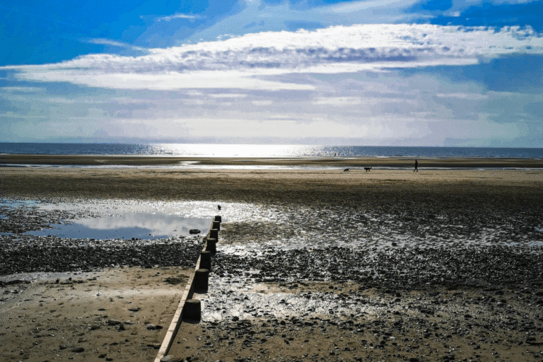 A couple walk their dog in the distance on a dog friendly beach in Cleveleys, Lancashire