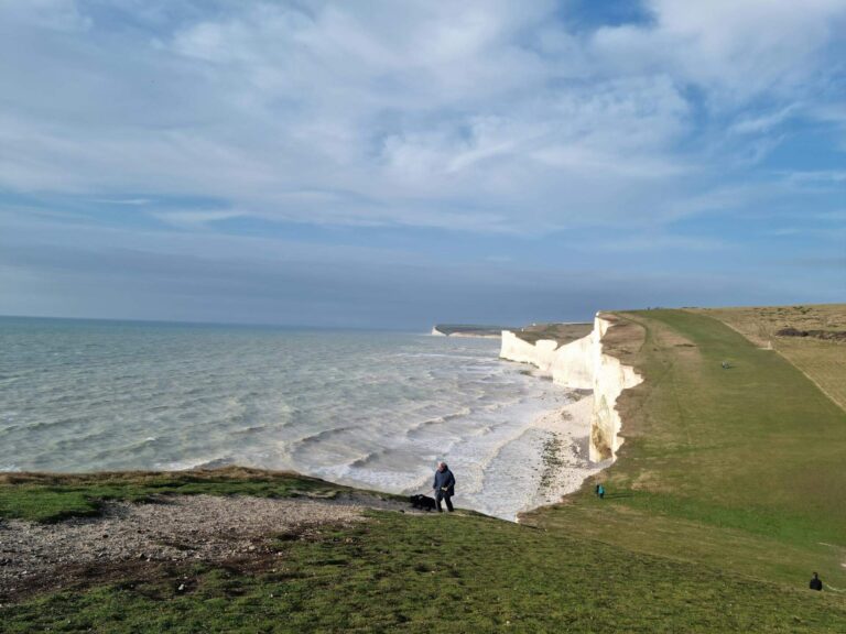 A dog and its owner walk the cliffside near Beachy Head on a dog friendly walk in Sussex