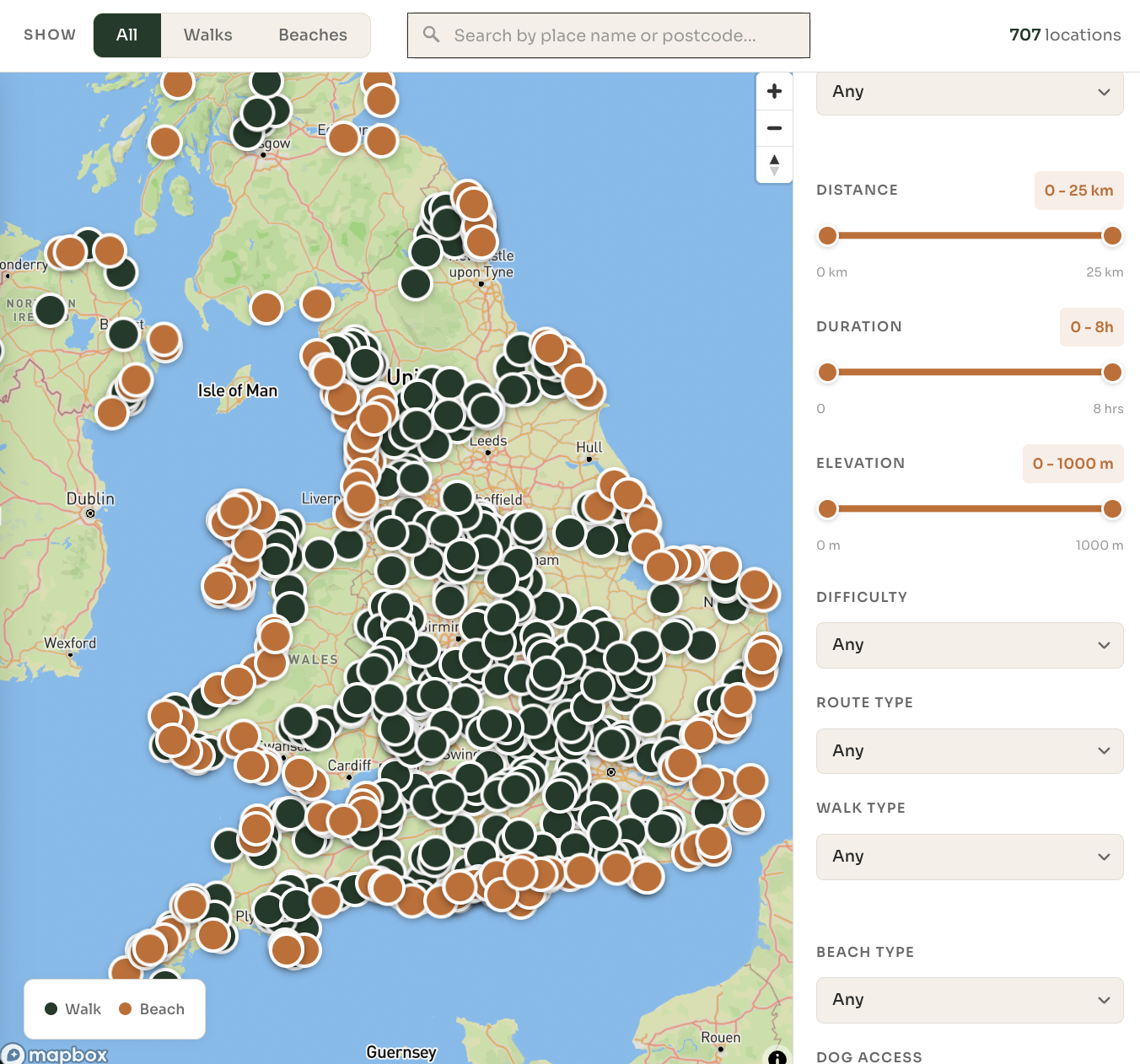 The Wildpack Map displays dog friendly walks and beaches across the UK 